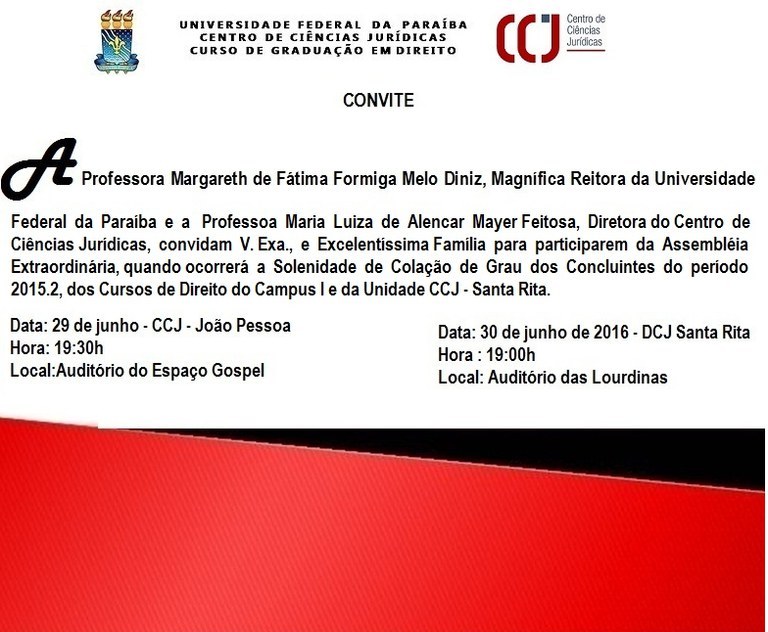 CONVITE - COLAÇÃO DE GRAU CCJ CAMPUS I e DCJ SANTA RITA