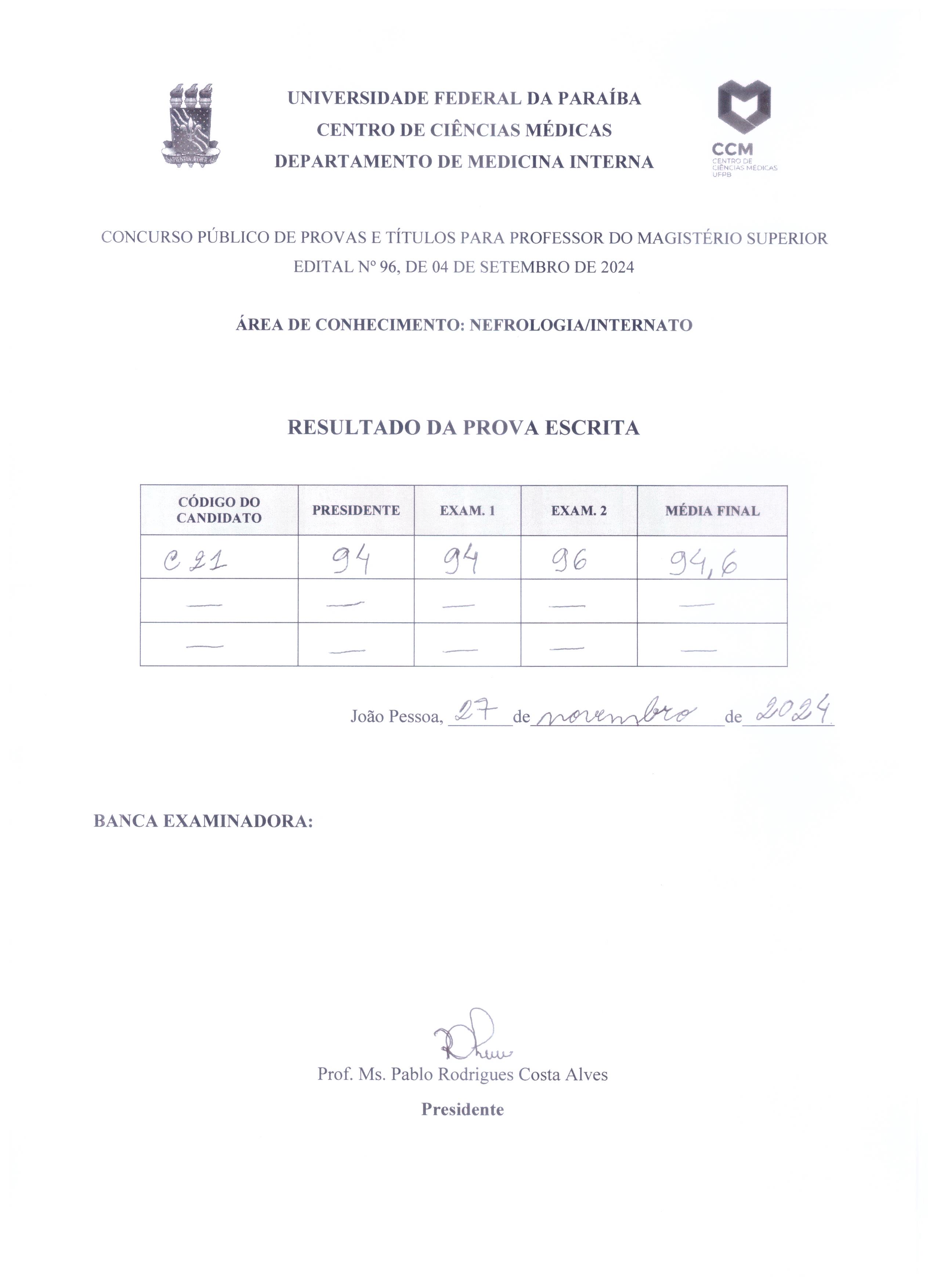 Resultado Prova Escrita - Nefrologia 27/11/2024