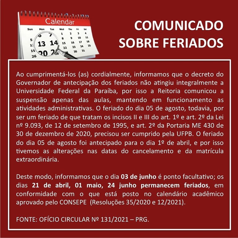 Comunicado - alteração de feriado