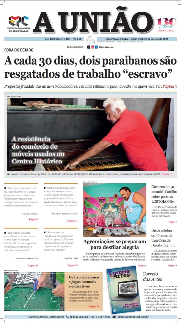 Capa jornal união edição de domingo, 28 de janeiro de 2024.